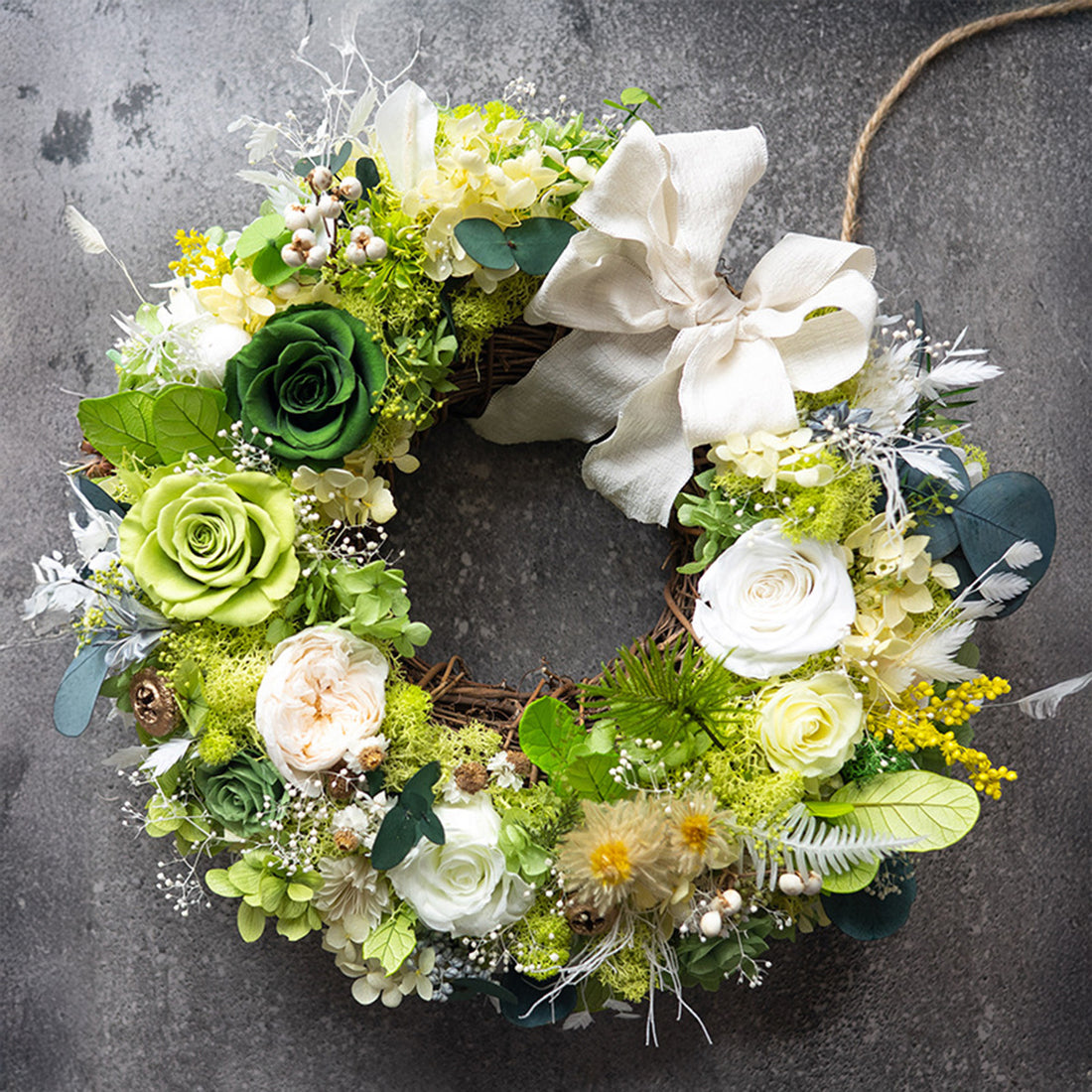 Green, White and Champagne Rose Preserved Flower Wreath